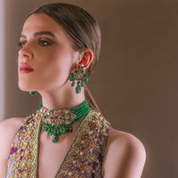 Adeline Gold-Plated Choker with Zircon, Kundan & Emerald Pearls